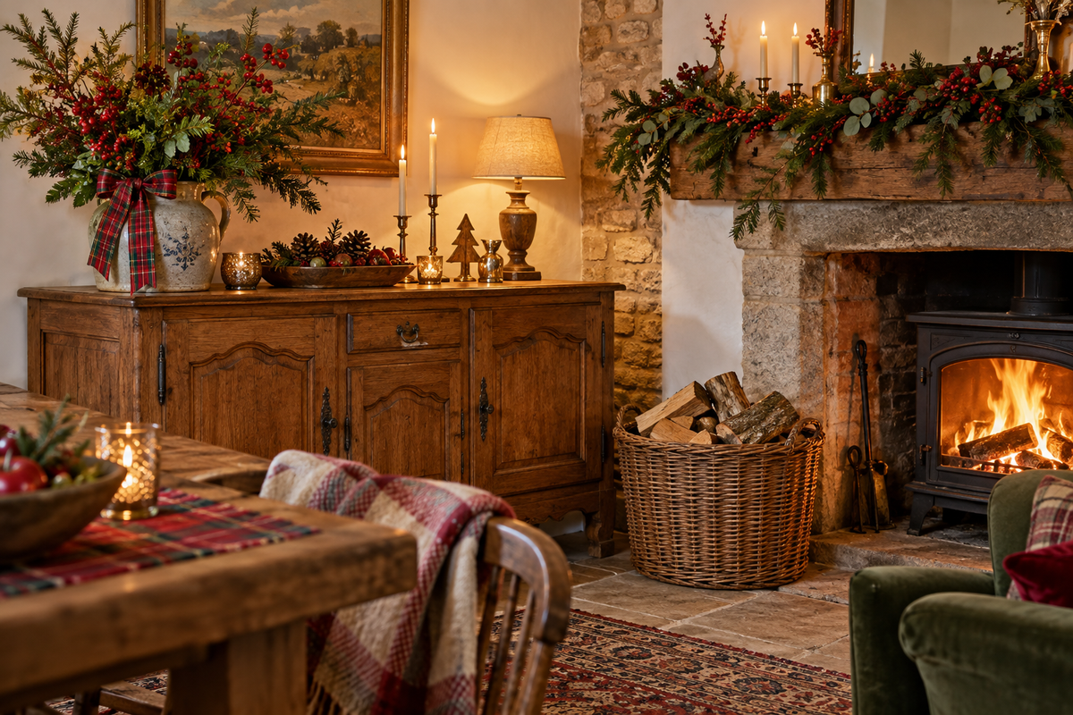 Noël de maison de campagne : bois, carreaux et feuillage