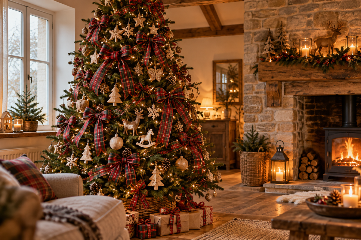 Décorer un sapin avec du ruban écossais