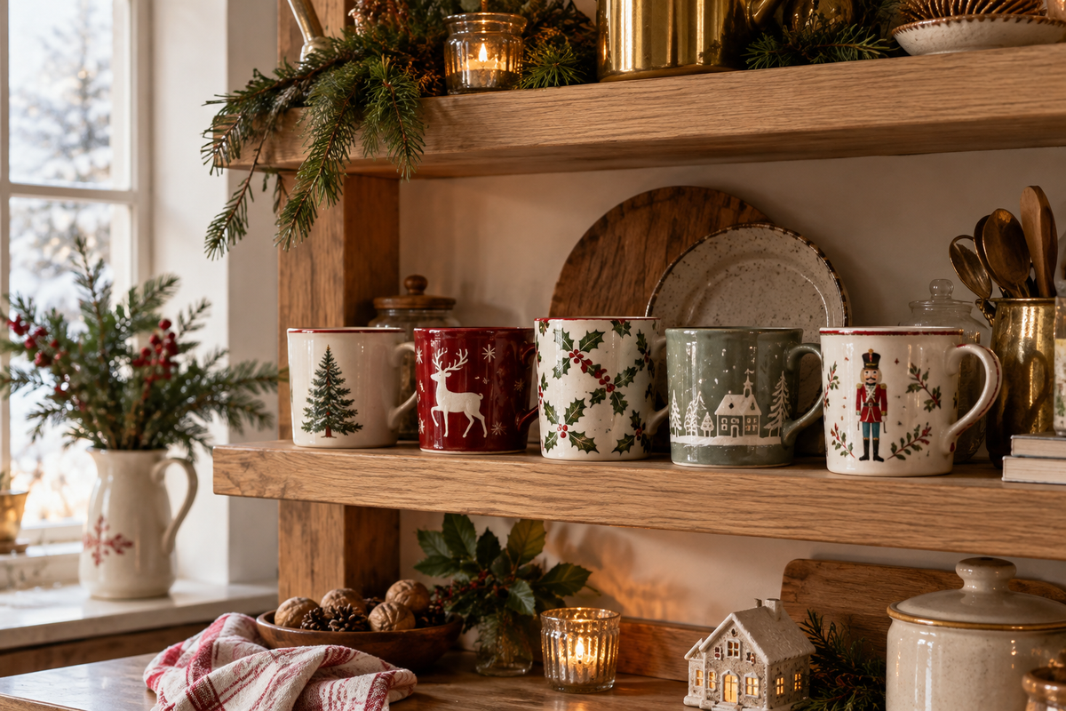 Mettre en scène ses mugs de Noël sur une étagère