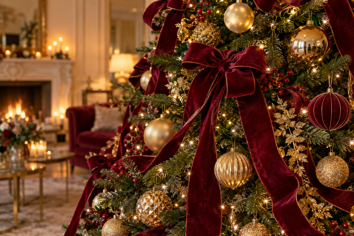 Sapin rouge et or : donner la vedette aux rubans bordeaux