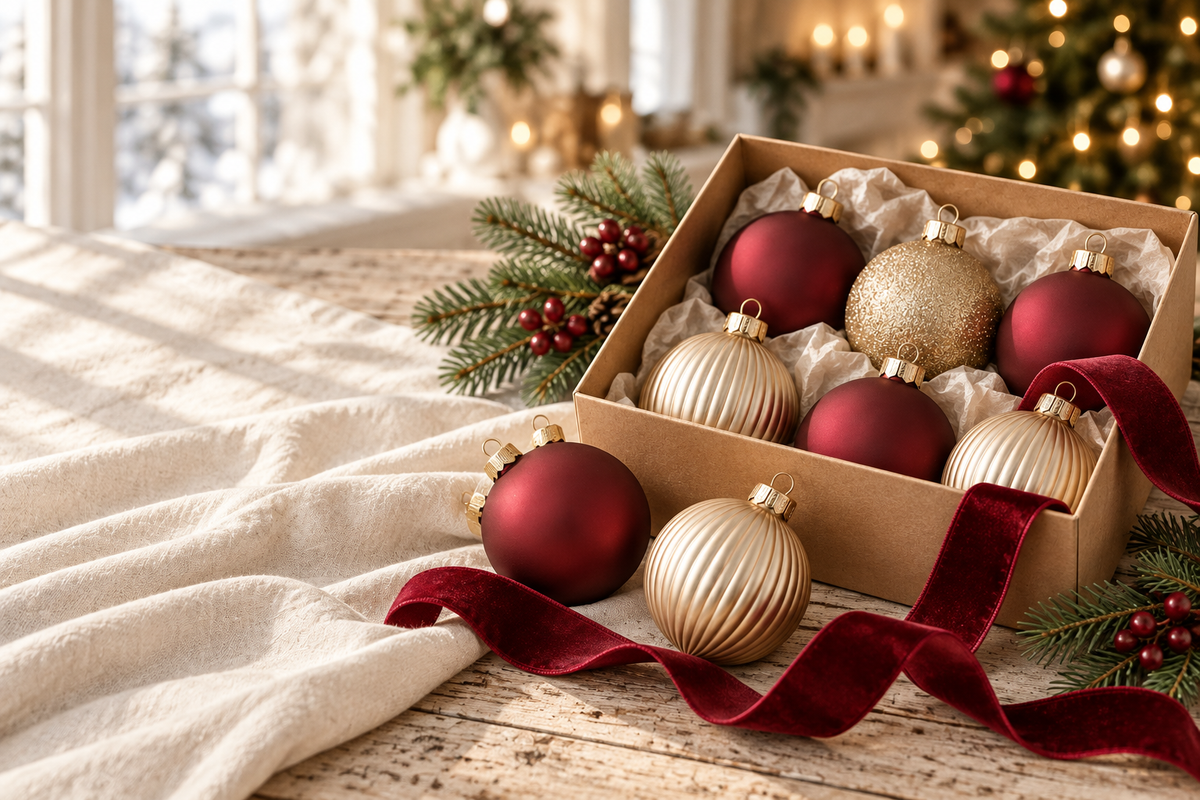 Boules de Noël rouge bordeaux, dorées et champagne dans un coffret sur du lin