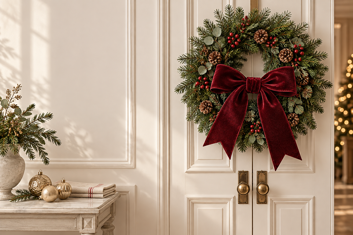 Couronne de Noël aux baies rouges et grand nœud bordeaux sur une porte ivoire