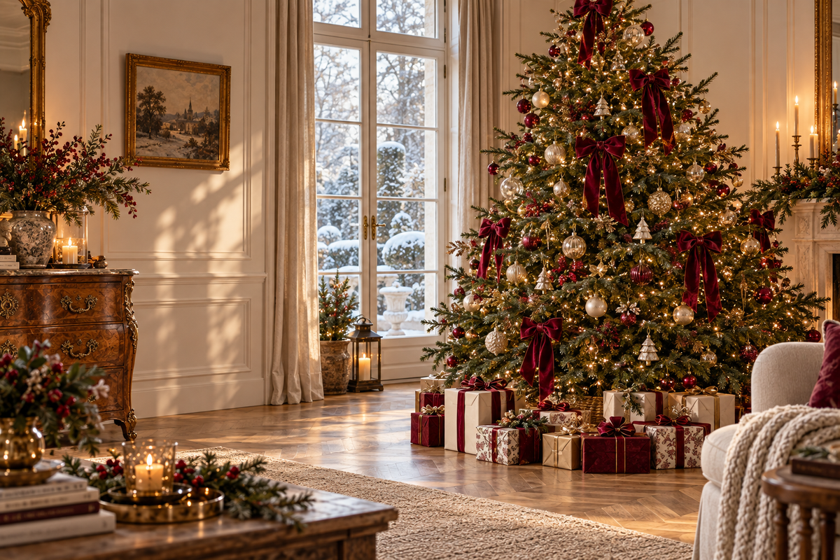 Sapin vert décoré de rubans bordeaux dans un salon aux murs ivoire