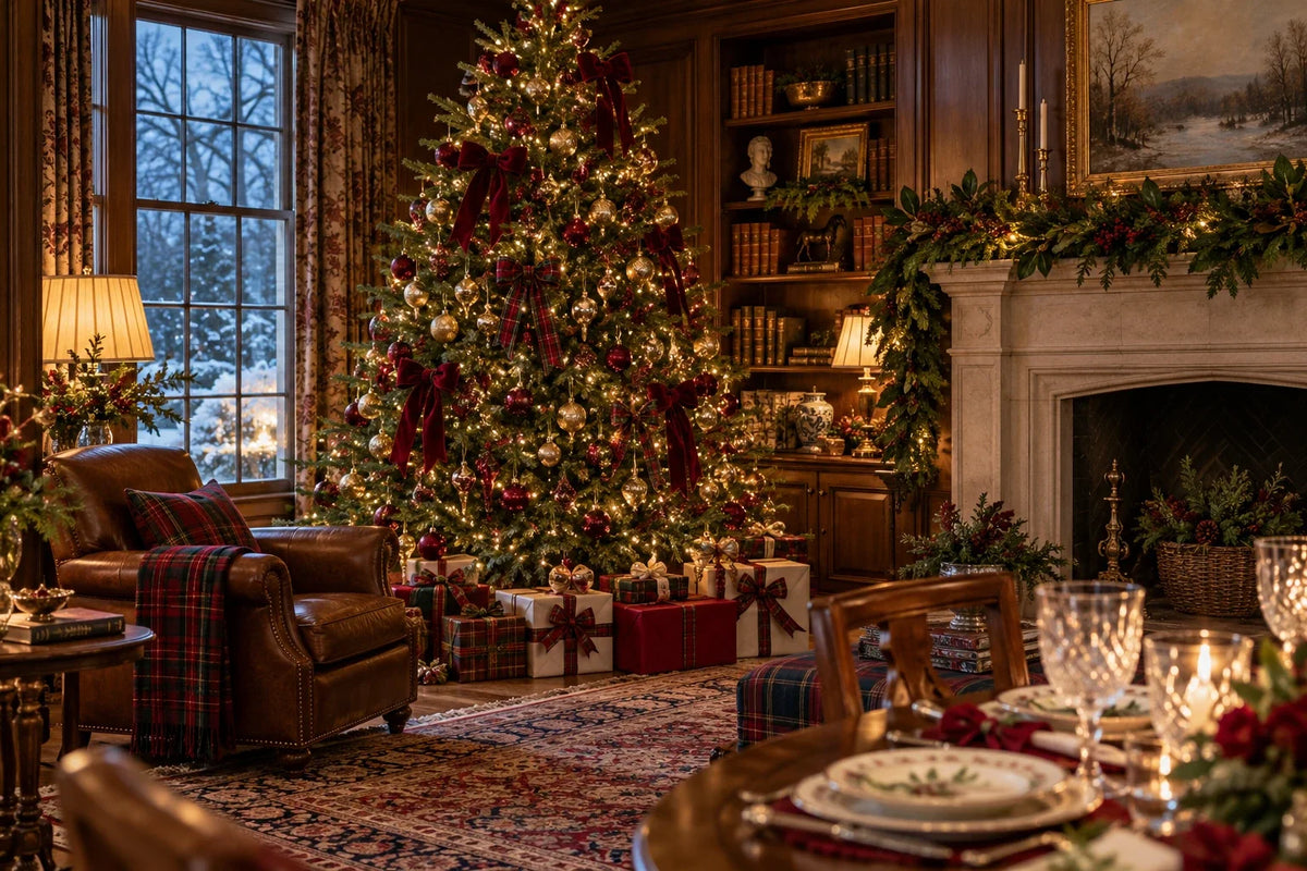 Décoration de Noël inspirée de l’univers Ralph Lauren : sapin lumineux, tartan, velours bordeaux et salon chaleureux.