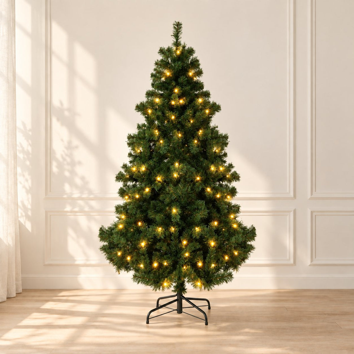 Sapin de Noël vert lumineux de 180 cm, vue de face avec son support en métal