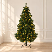 Sapin de Noël vert lumineux de 180 cm, vue de face avec son support en métal