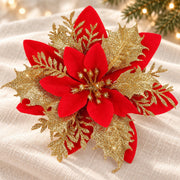 Fleur de Noël Éclat rouge et dorée, 14 cm, mise en scène sur lin ivoire