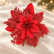 Fleur de Noël Éclat rouge, 14 cm, mise en scène sur lin ivoire