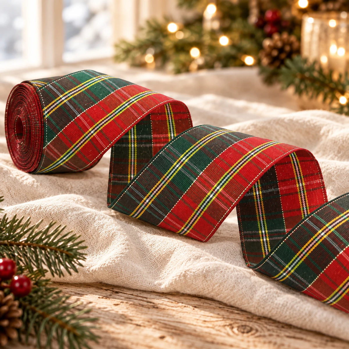 Ruban gros-grain de Noël à tartan rouge et vert, largeur 38 mm