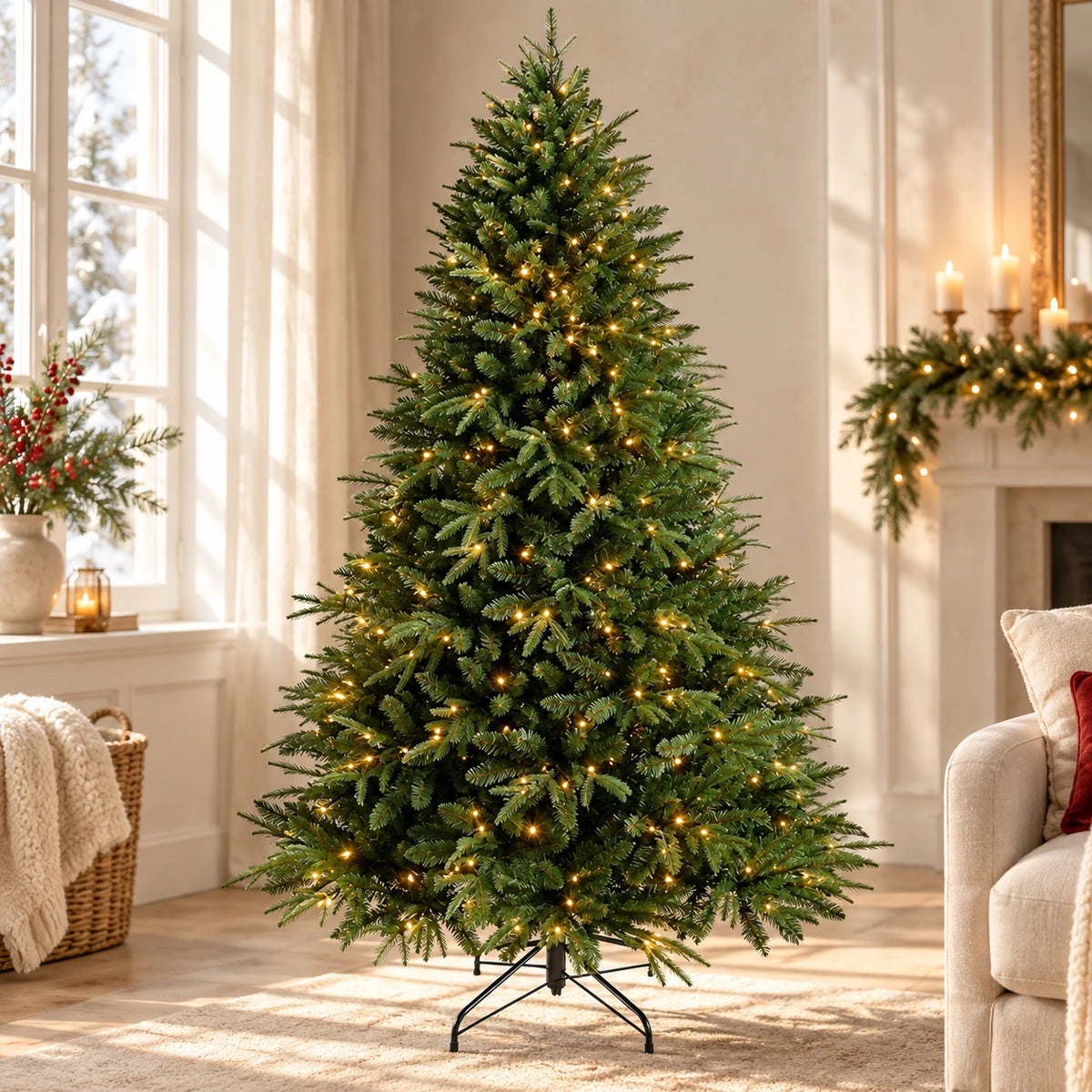 Sapin de Noël artificiel vert PE et PVC avec éclairage intégré et pied métallique, dans un salon ivoire