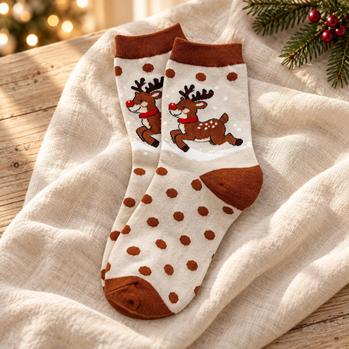 Chaussettes de Noël écrues à renne et pois bruns, une paire