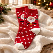 Paire de chaussettes de Noël motif Père Noël rouge, sur un fond en lin ivoire