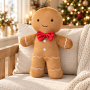 Peluche bonhomme en pain d’épices de 37 cm, nœud rouge et deux boutons blancs, sur du lin ivoire