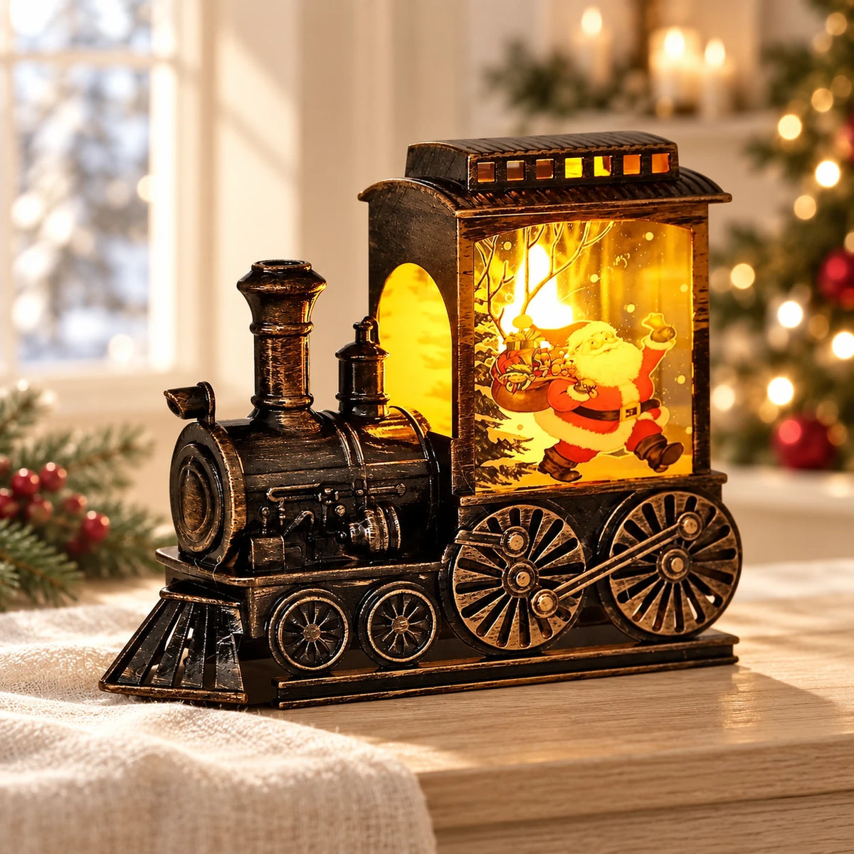 Petit train de Noël lumineux à finition bronze patiné, panneau décoratif Père Noël
