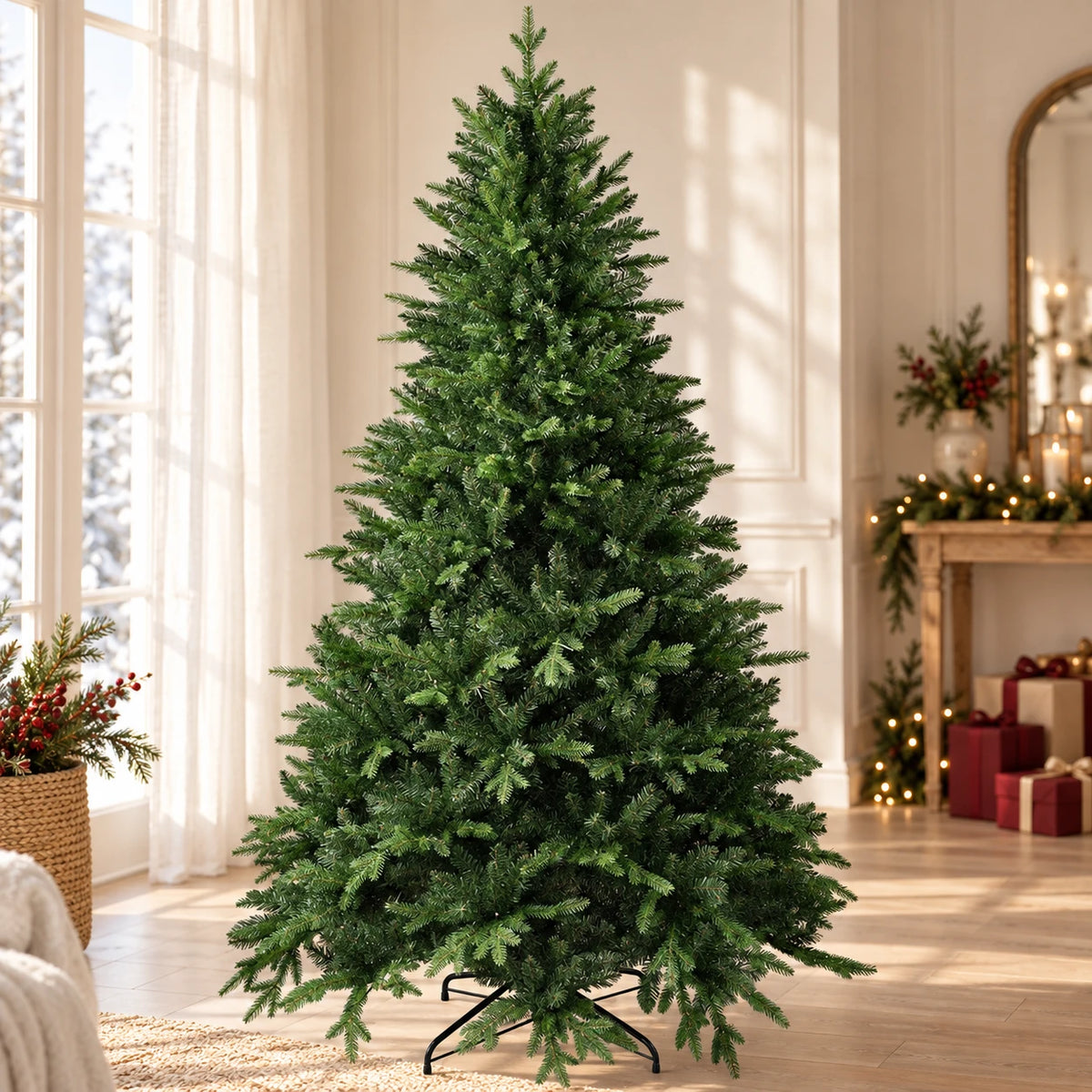 Sapin de Noël artificiel vert en PE et PVC avec support métallique, sans ornements
