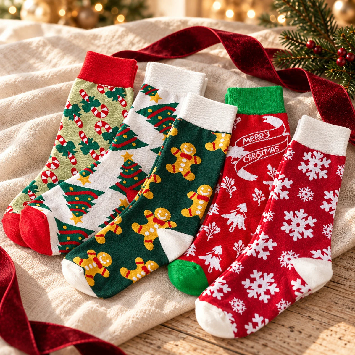 Lot de cinq paires de chaussettes de Noël à motifs sur un tissu ivoire