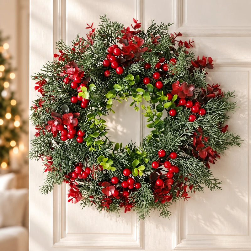 Couronne de Noël à baies rouges et feuillage – 40 cm