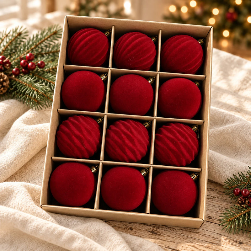 Boules de Noël effet velours – lot de 12, 6 cm