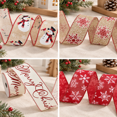 Rubans de Noël armés : Bonhommes de neige · 6,3 cm, Flocons rouges sur naturel · 6,3 cm, Merry Christmas · 6,3 cm, Flocons blancs sur rouge · 6,3 cm
