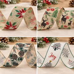 Rubans de Noël armés : Poinsettias · 6,3 cm, Rennes et houx · 6,3 cm, Pommes de pin · 6,3 cm, Joy et feuillage · 6,3 cm