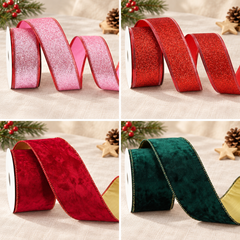 Rubans de Noël armés : Rose scintillant · 3,8 cm, Rouge scintillant · 3,8 cm, Velours rouge · 6,3 cm, Velours vert · 6,3 cm
