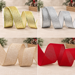 Rubans de Noël armés : Doré · 3,8 cm, Argenté · 3,8 cm, Naturel · 6,3 cm, Rouge uni · 6,3 cm