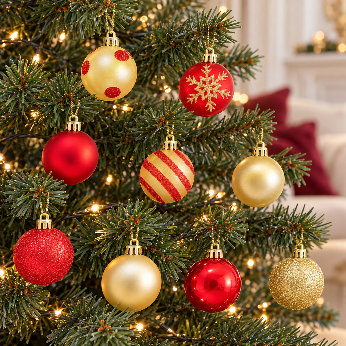 Boules Fête Dorée : neuf motifs représentatifs du lot de 25 boules rouges et dorées de 4 cm, dans un sapin de Noël