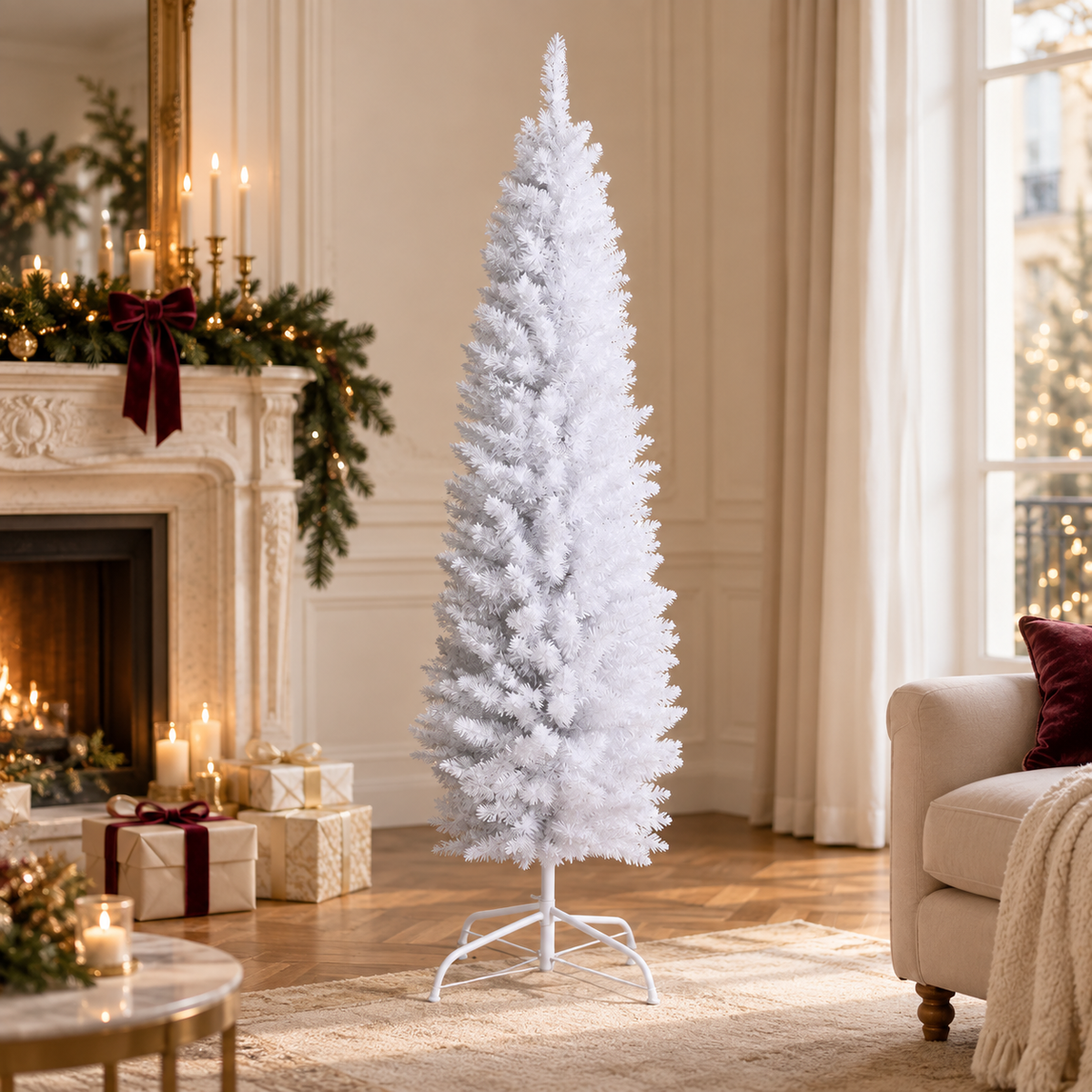 Clair de Neige, sapin blanc crayon de 180 cm, sans éclairage, dans un salon de Noël