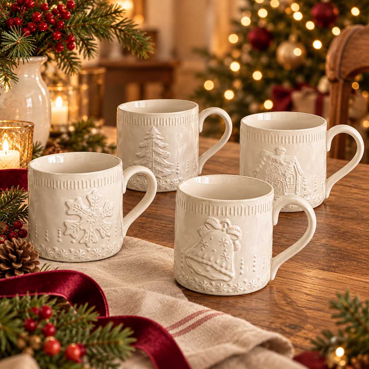 Écrin d’Hiver : tasses écrues aux motifs flocon, sapin, cloches et maison, vendues à l’unité