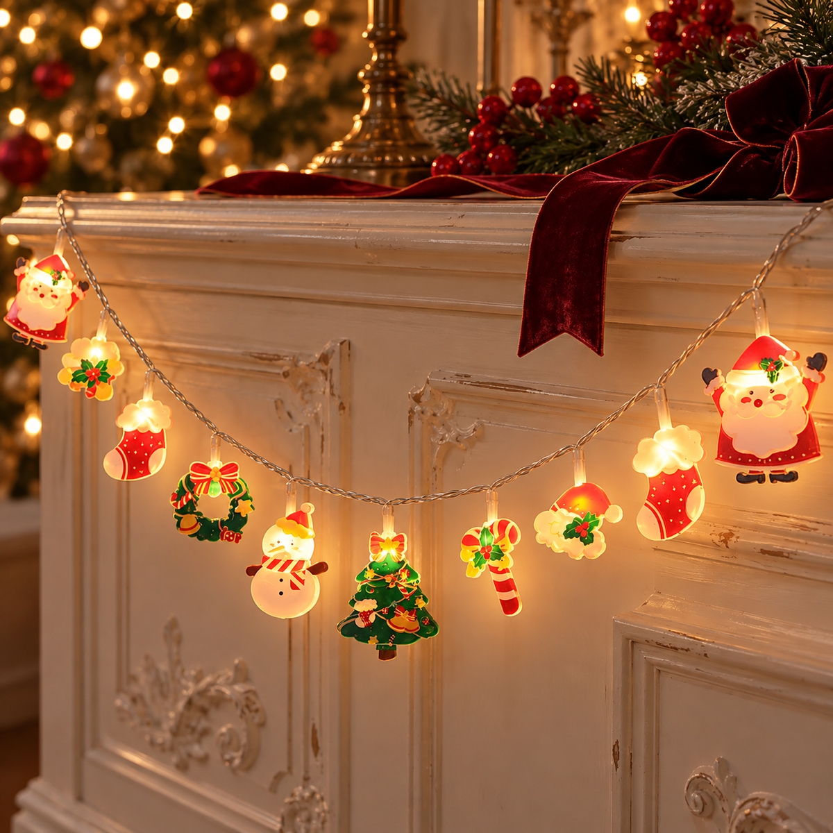 Farandole de Noël – guirlande LED à personnages dans un décor de Noël