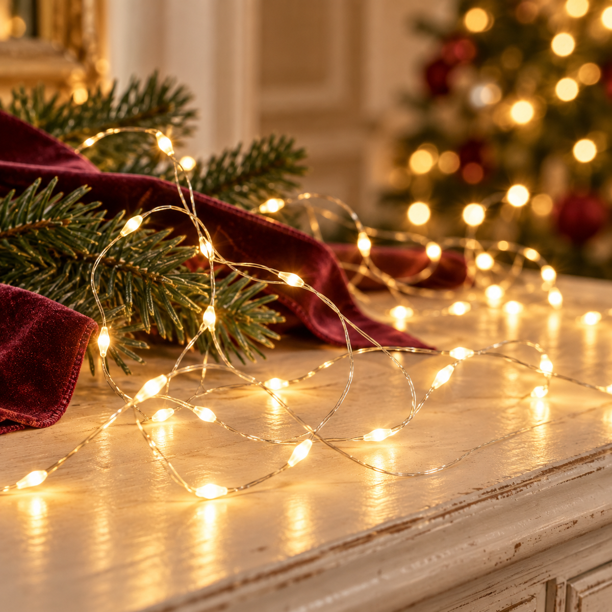 Fil de Lumière, micro-guirlande LED blanc chaud dans un décor de Noël