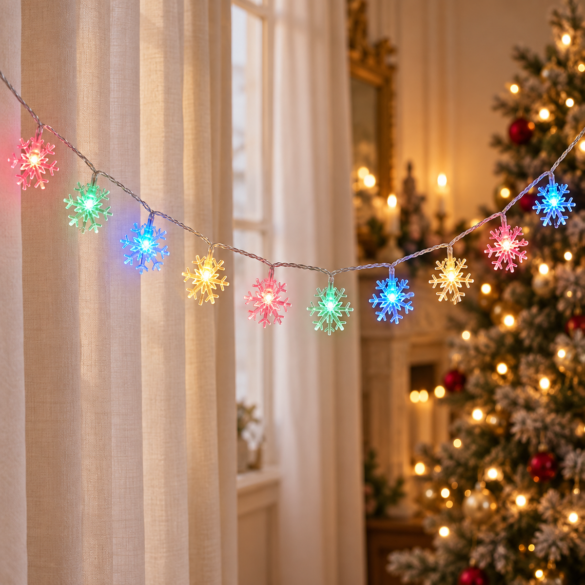 Flocons en Fête – guirlande LED multicolore USB dans un décor de Noël