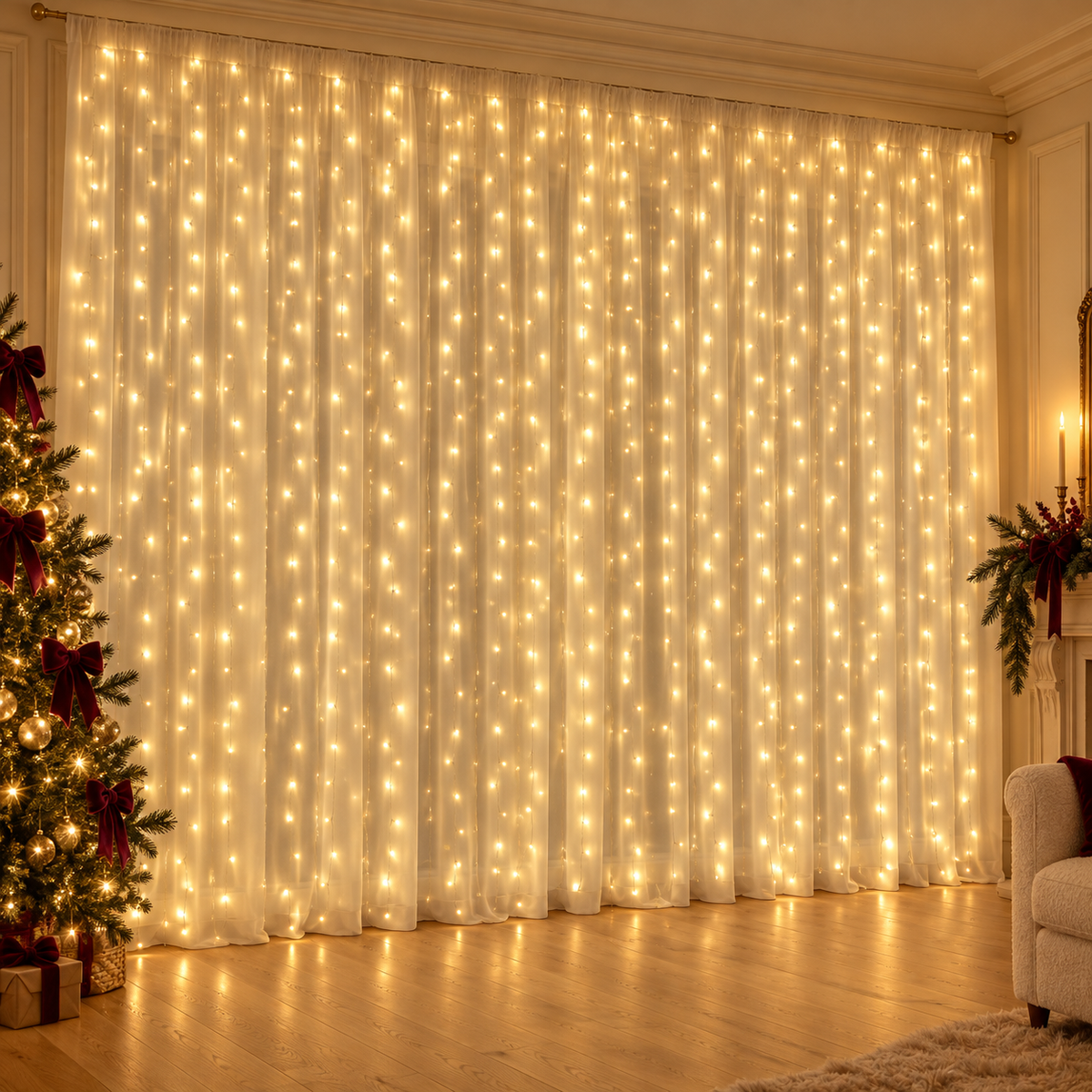 Grand Soir, rideau LED blanc chaud dans un salon de Noël
