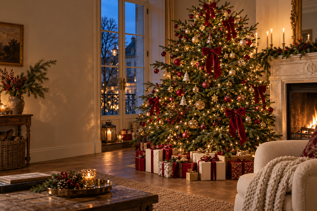 Salon de Noël chaleureux, sapin illuminé aux rubans bordeaux et cheminée