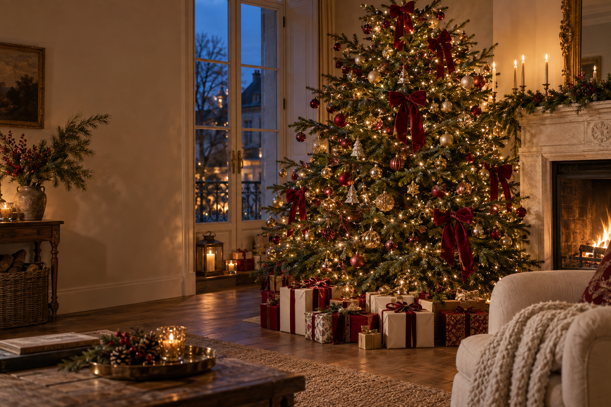 Salon chaleureux avec sapin, lumières et nœuds rouge profond