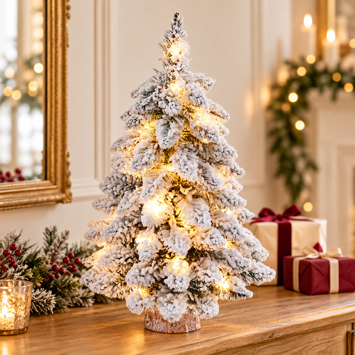 Petit Nival, sapin enneigé de 45 cm avec guirlande lumineuse dans un décor de Noël