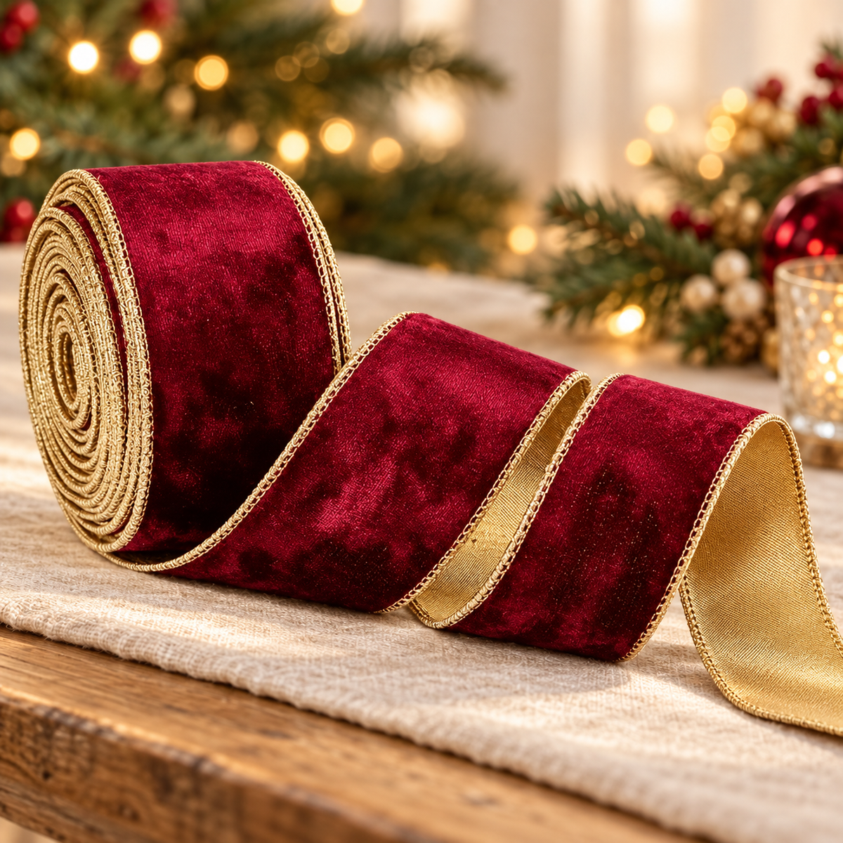 Ruban Rouge Velouté bordeaux à revers doré sur une table de Noël