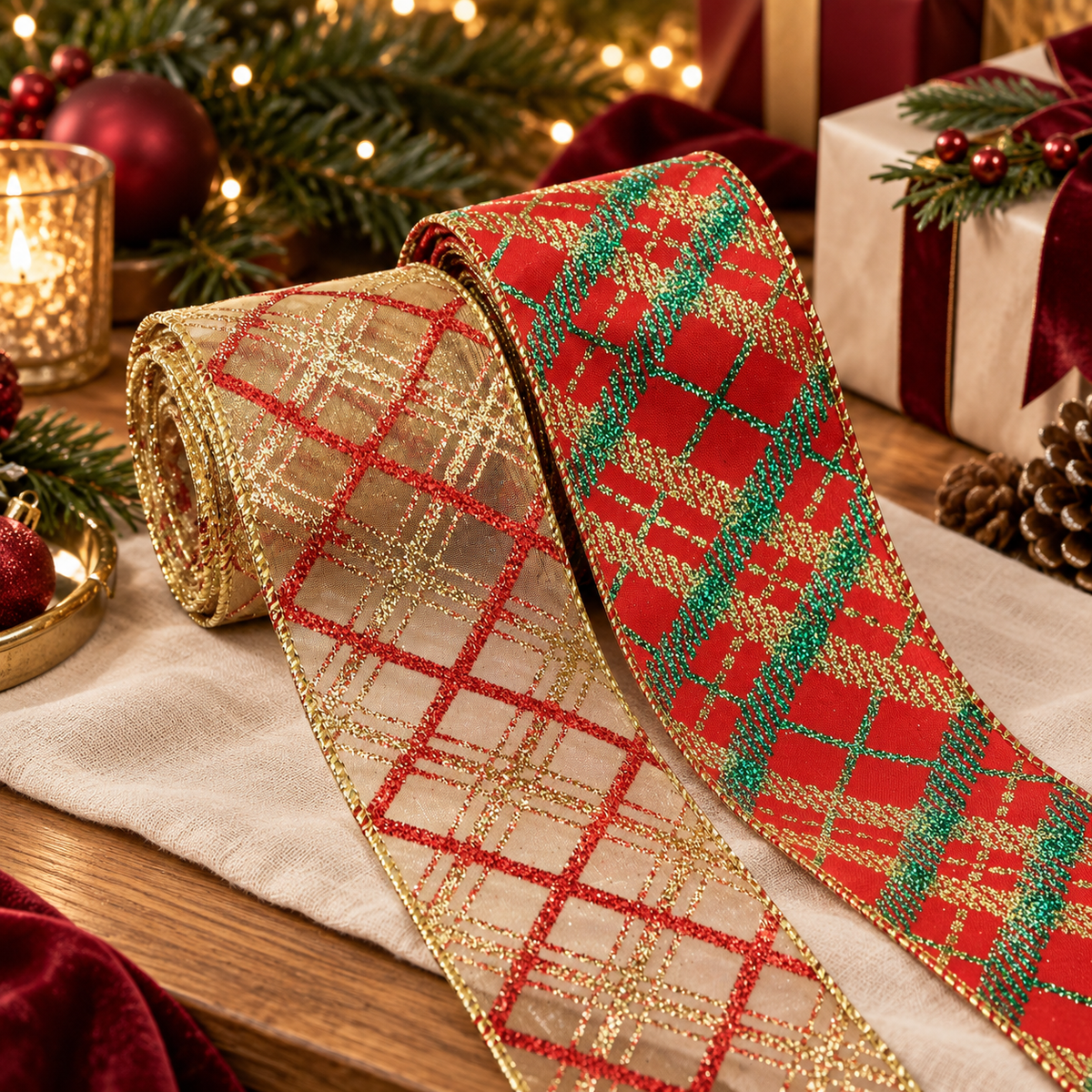 Rubans Carreaux Scintillants, champagne à carreaux rouges et rouge à carreaux verts dans un décor de Noël