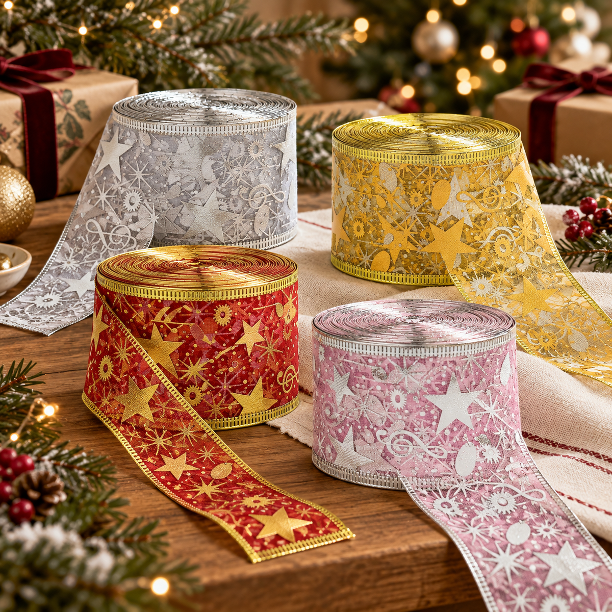 Rubans Éclats de Givre argenté, doré, rouge et rose dans un décor de Noël