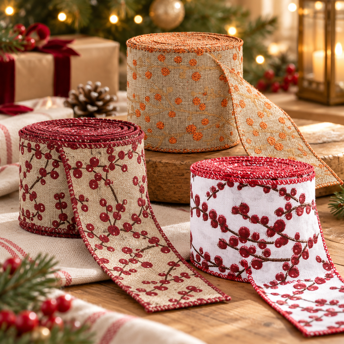 Trois motifs de rubans aspect jute La Fabrique des Fêtes dans un décor de Noël