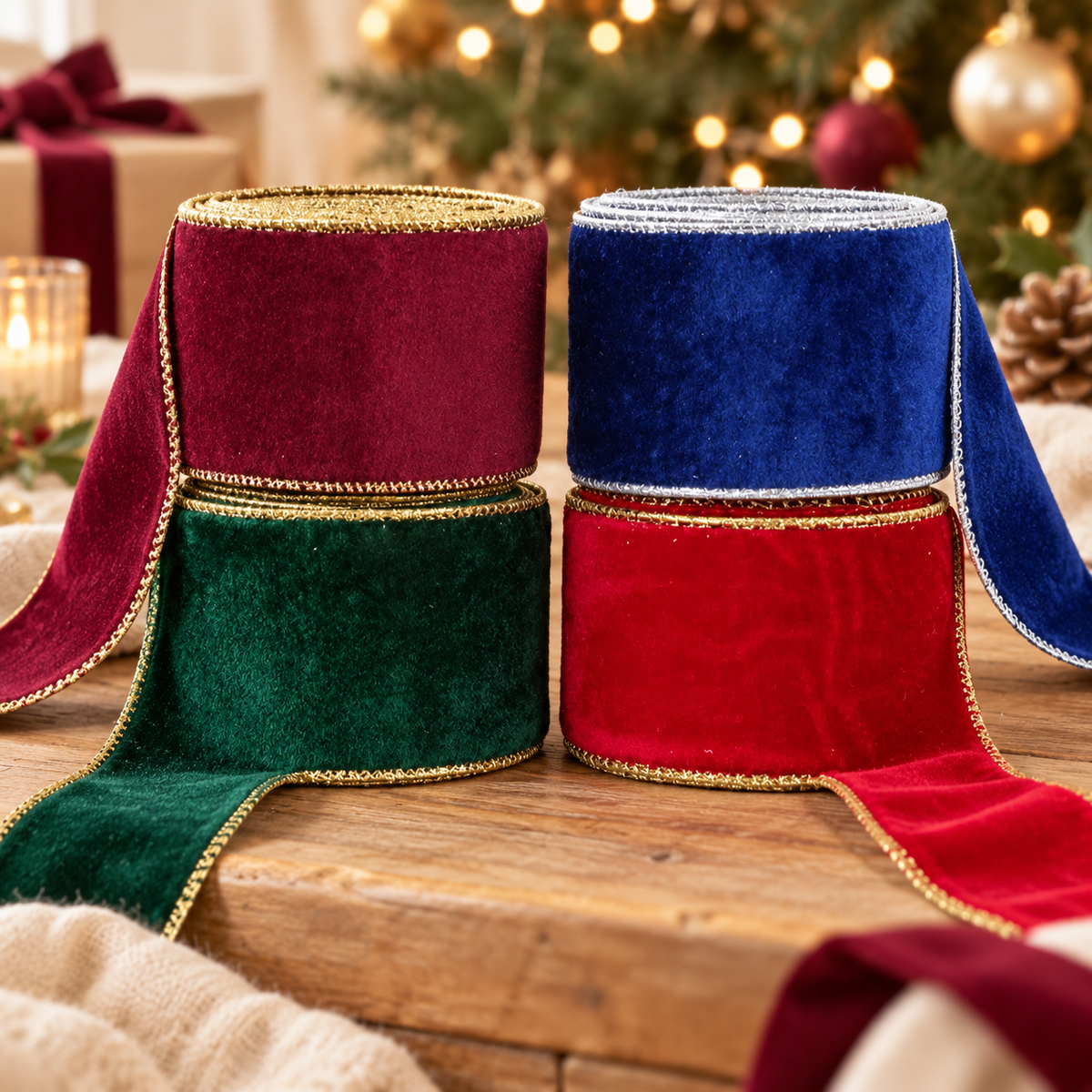 Quatre coloris de rubans en velours Flocons Veloutés dans un décor de Noël