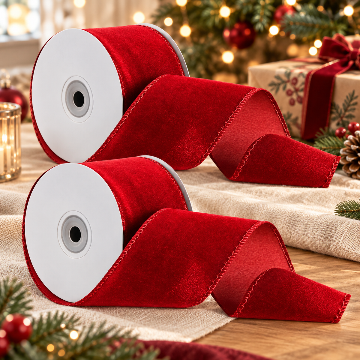Deux rouleaux de ruban rouge en velours Nœuds de Fête sur une table de Noël
